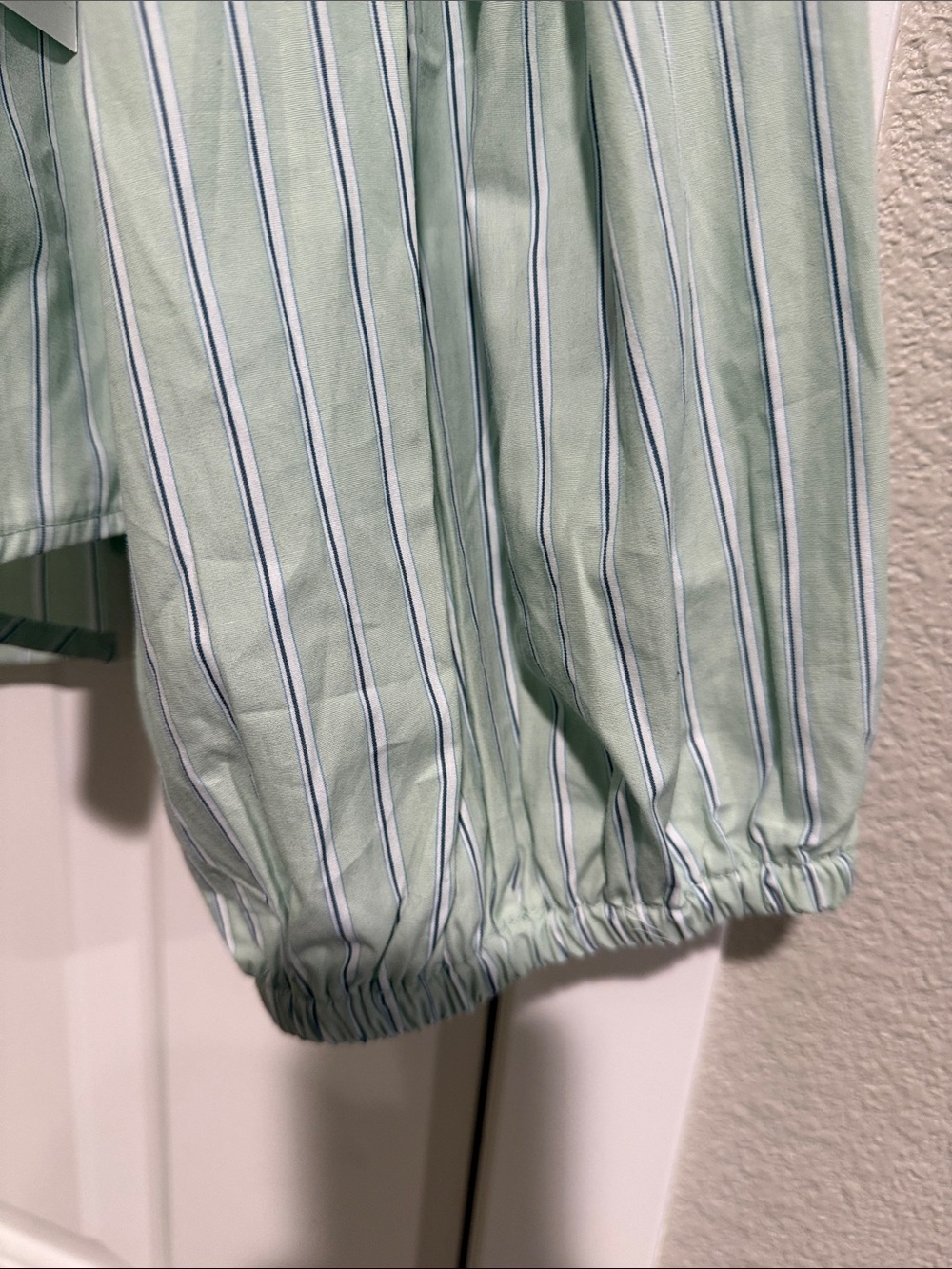 Light Green Striped Ruffled Tie-Neck Blouse - Picture 2 of 9